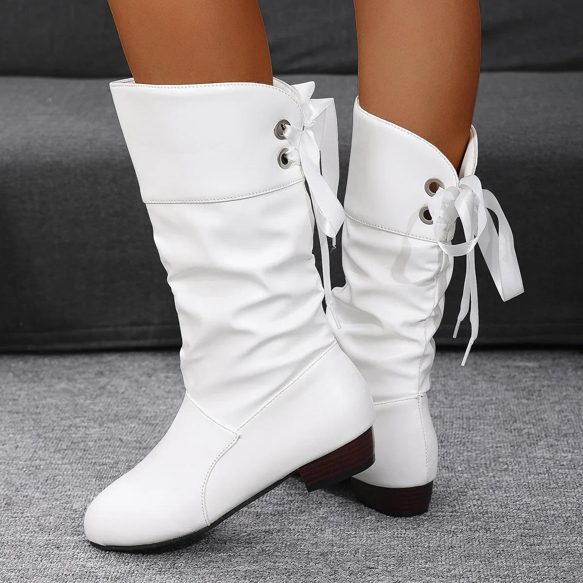 Fall Winter Large Size Student Knight Boots Low Heel Round Head Women's Mid-Calf Boot Warm Rubber Material Leisure Style