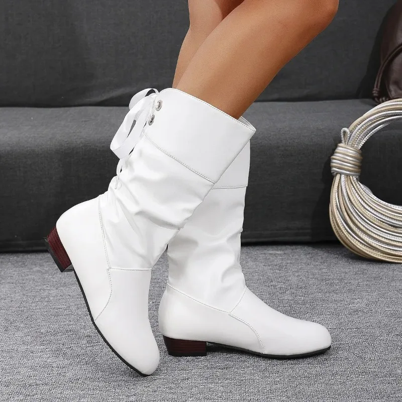 Fall Winter Large Size Student Knight Boots Low Heel Round Head Women's Mid-Calf Boot Warm Rubber Material Leisure Style