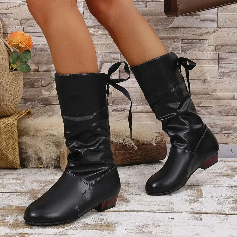 Fall Winter Large Size Student Knight Boots Low Heel Round Head Women's Mid-Calf Boot Warm Rubber Material Leisure Style