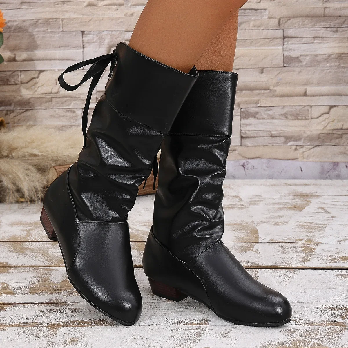 Fall Winter Large Size Student Knight Boots Low Heel Round Head Women's Mid-Calf Boot Warm Rubber Material Leisure Style