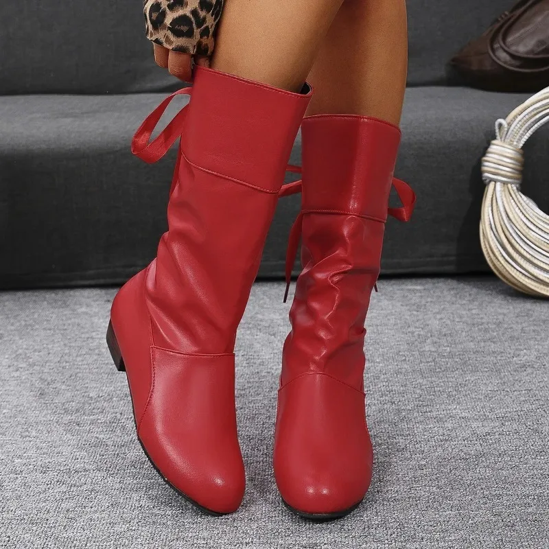 Fall Winter Large Size Student Knight Boots Low Heel Round Head Women's Mid-Calf Boot Warm Rubber Material Leisure Style