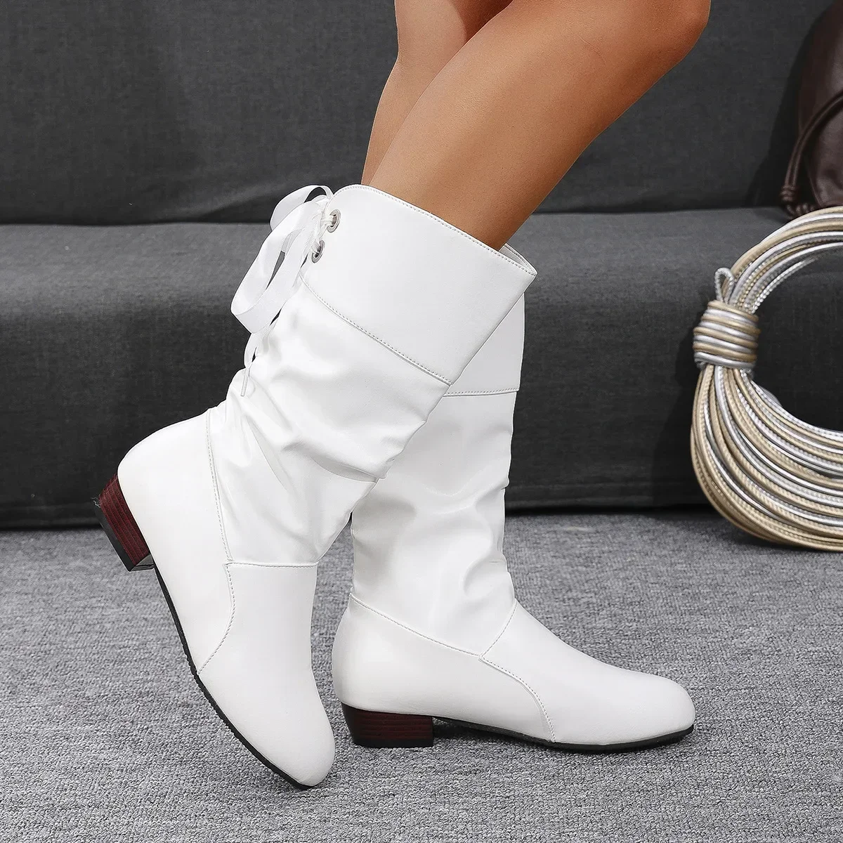 Fall Winter Large Size Student Knight Boots Low Heel Round Head Women's Mid-Calf Boot Warm Rubber Material Leisure Style