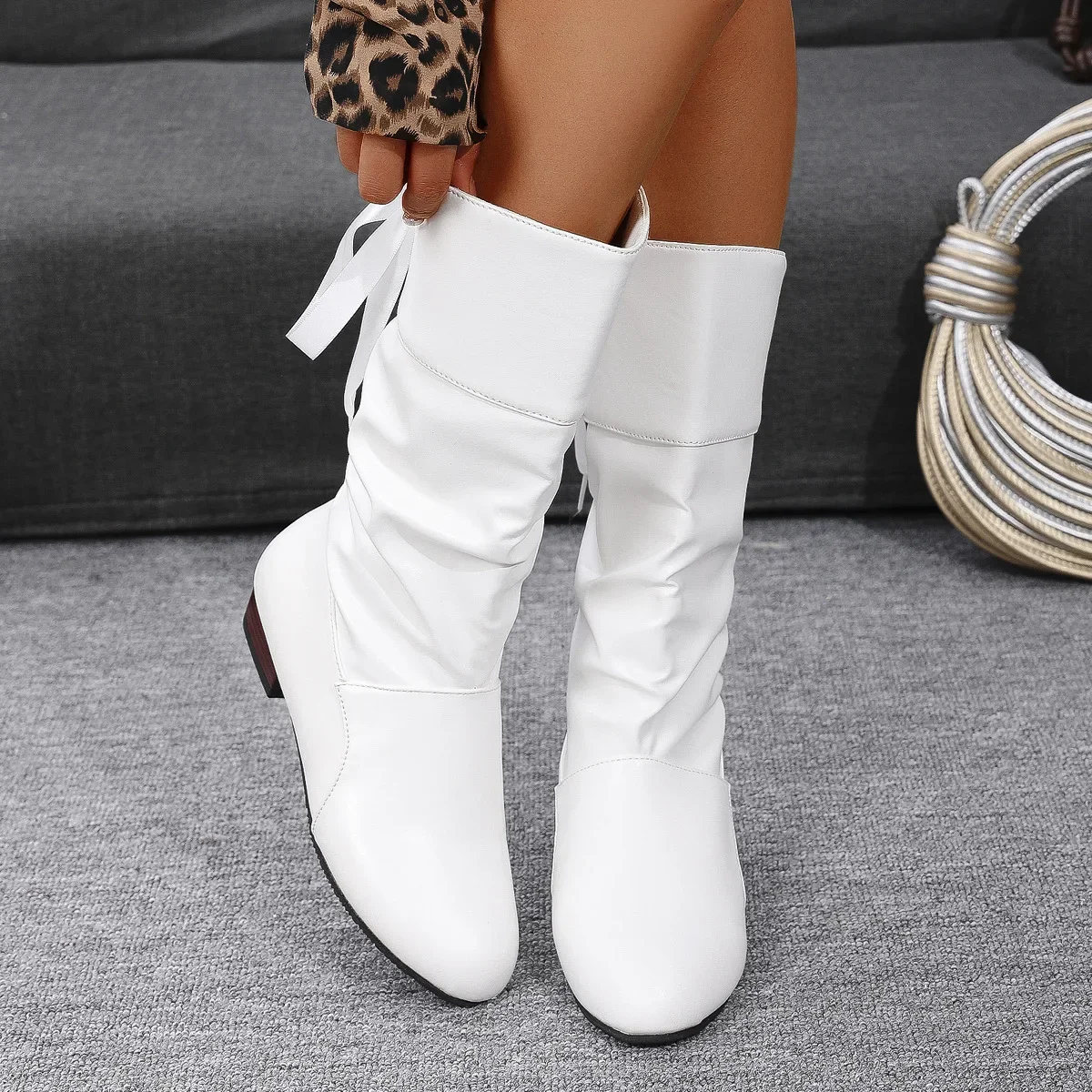 Fall Winter Large Size Student Knight Boots Low Heel Round Head Women's Mid-Calf Boot Warm Rubber Material Leisure Style