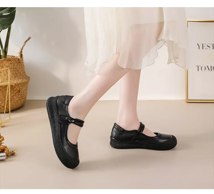 Women&rsquo;s Genuine Leather Comfort Flats Hollow Mary Jane Shoes Fashion Lightweight Soft Hook Loop Nurse Shoes Woman Strap Moccasin