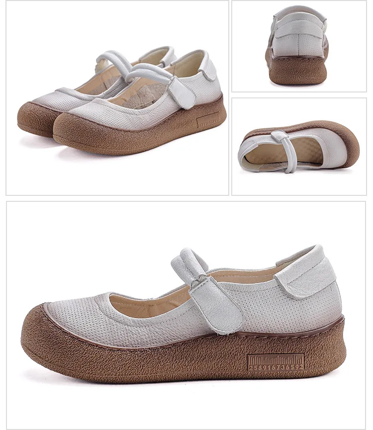Women&rsquo;s Genuine Leather Comfort Flats Hollow Mary Jane Shoes Fashion Lightweight Soft Hook Loop Nurse Shoes Woman Strap Moccasin