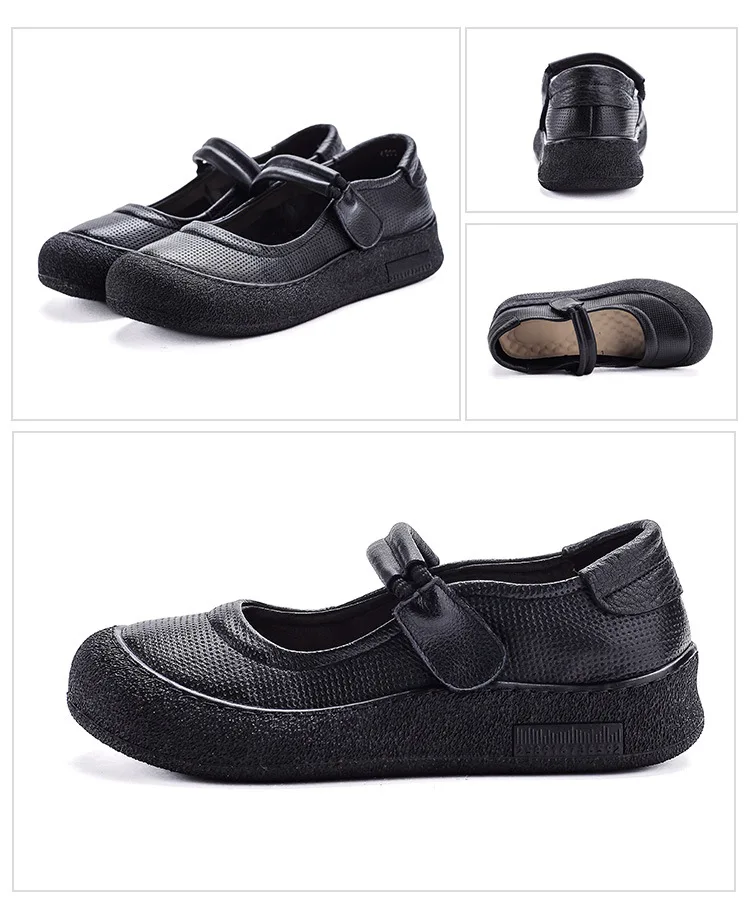Women&rsquo;s Genuine Leather Comfort Flats Hollow Mary Jane Shoes Fashion Lightweight Soft Hook Loop Nurse Shoes Woman Strap Moccasin