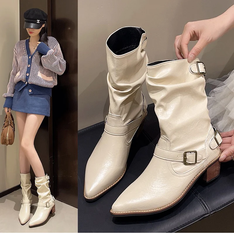 Autumn Winter Women Western Cowboy Boots Vintage Slip On Thick Heel Shoes Ladies Mid Calf Botas Zapatos De Mujer