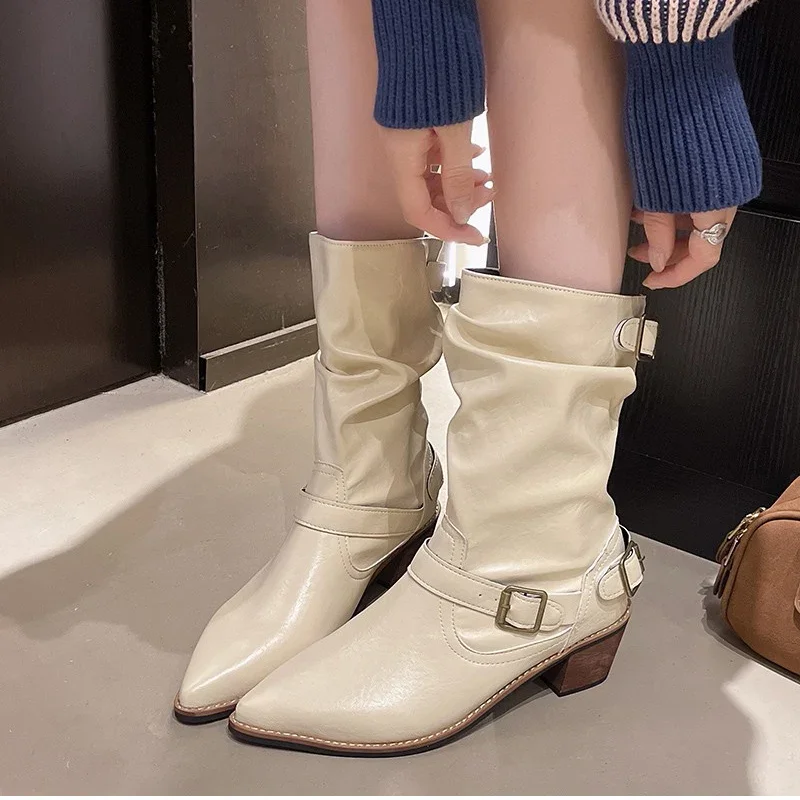 Autumn Winter Women Western Cowboy Boots Vintage Slip On Thick Heel Shoes Ladies Mid Calf Botas Zapatos De Mujer