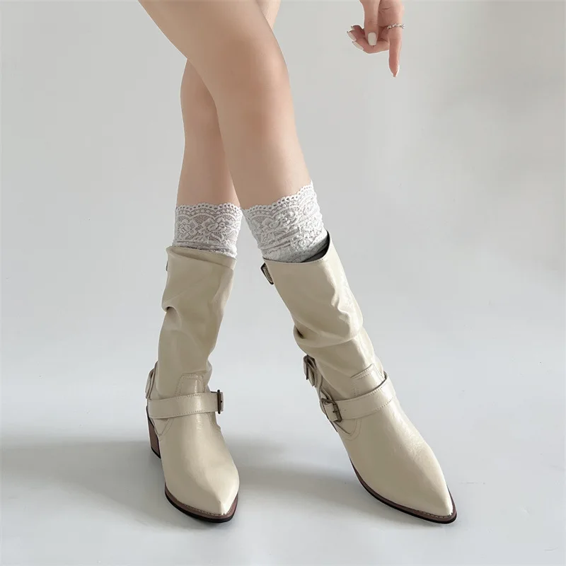 Autumn Winter Women Western Cowboy Boots Vintage Slip On Thick Heel Shoes Ladies Mid Calf Botas Zapatos De Mujer