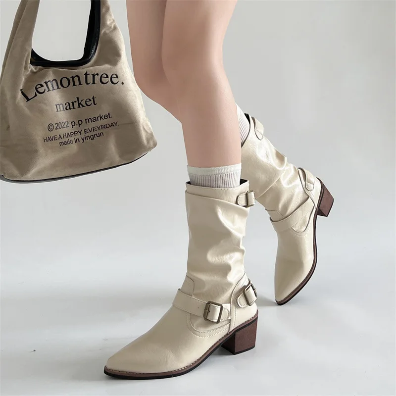 Autumn Winter Women Western Cowboy Boots Vintage Slip On Thick Heel Shoes Ladies Mid Calf Botas Zapatos De Mujer