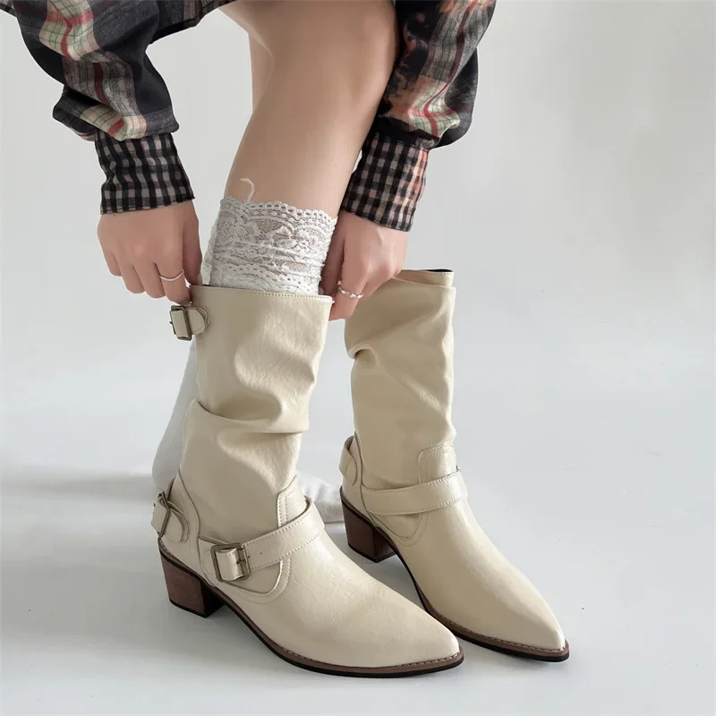 Autumn Winter Women Western Cowboy Boots Vintage Slip On Thick Heel Shoes Ladies Mid Calf Botas Zapatos De Mujer