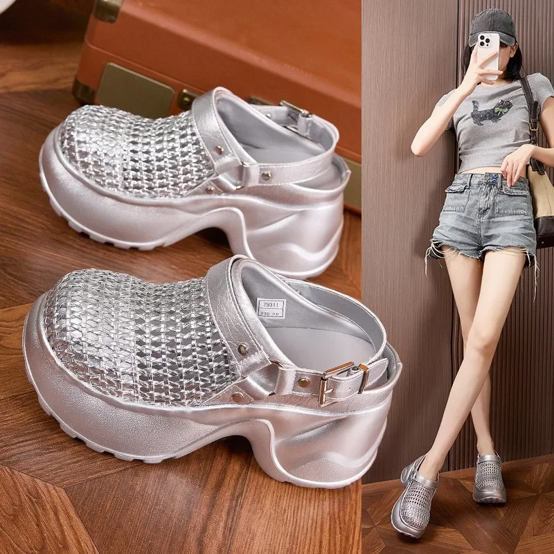 Thick Soled Sandals Women Summer 2025 New Hollow Out Breathable Sandals Versatile Silver Black Height Increasing Women's Shoes