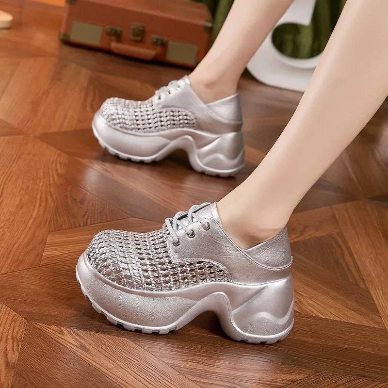 Thick Soled Sandals Women Summer 2025 New Hollow Out Breathable Sandals Versatile Silver Black Height Increasing Women's Shoes