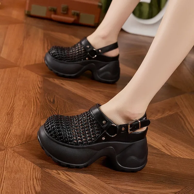 Thick Soled Sandals Women Summer 2025 New Hollow Out Breathable Sandals Versatile Silver Black Height Increasing Women's Shoes
