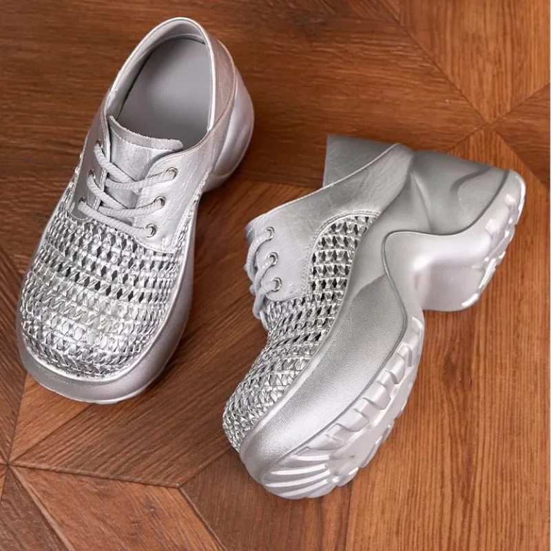 Thick Soled Sandals Women Summer 2025 New Hollow Out Breathable Sandals Versatile Silver Black Height Increasing Women's Shoes