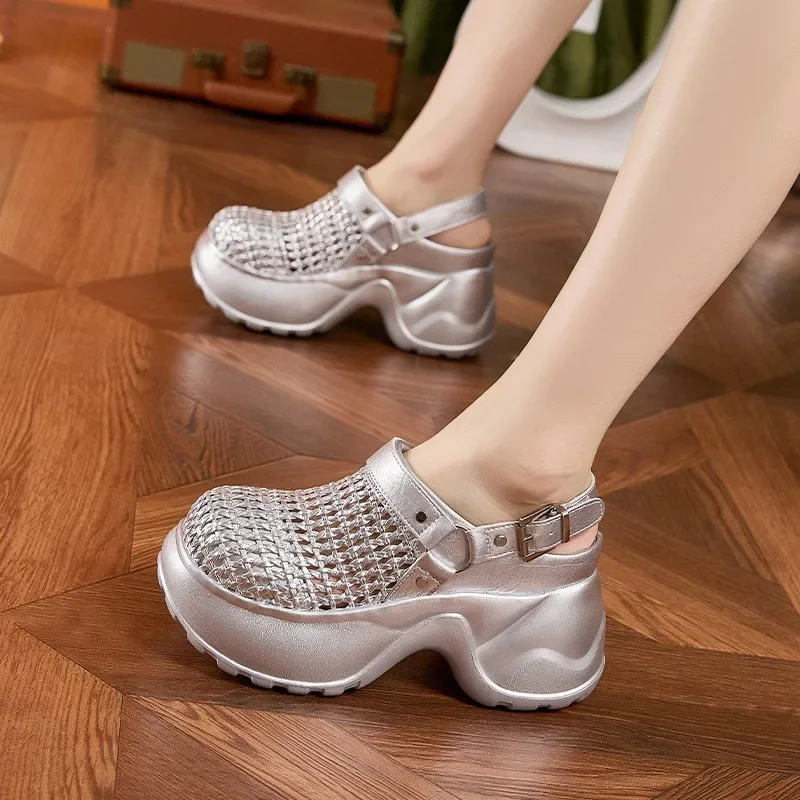 Thick Soled Sandals Women Summer 2025 New Hollow Out Breathable Sandals Versatile Silver Black Height Increasing Women's Shoes