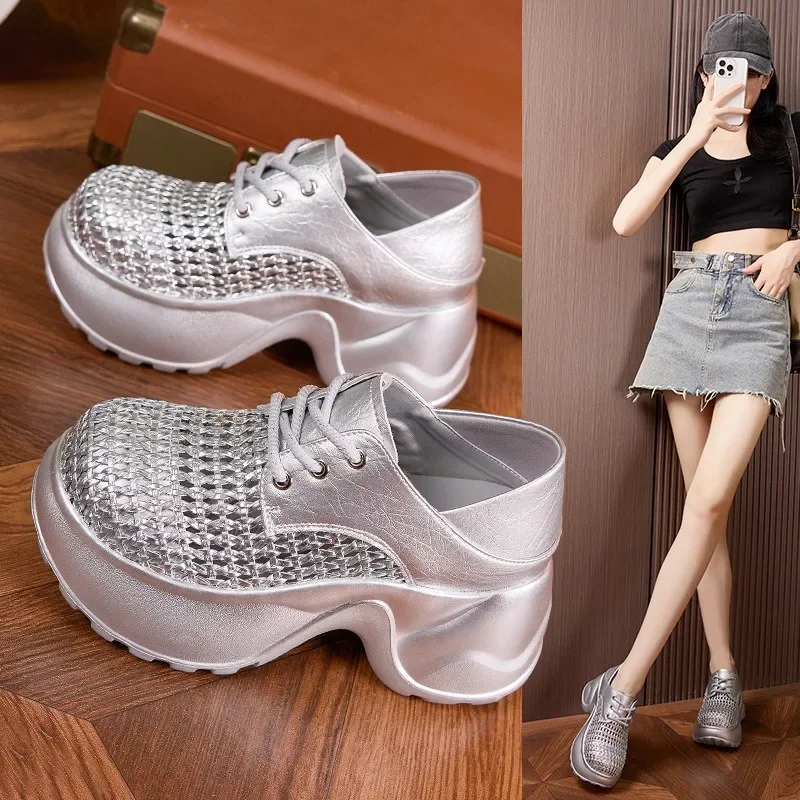 Thick Soled Sandals Women Summer 2025 New Hollow Out Breathable Sandals Versatile Silver Black Height Increasing Women's Shoes