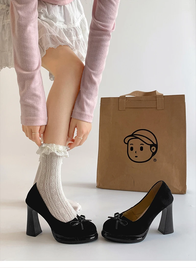 Butterfly-knot Women Mary Jane Shoes Fashion Shallow Slip on Pumps Concise Dress Thick Heel Ladies Footwear