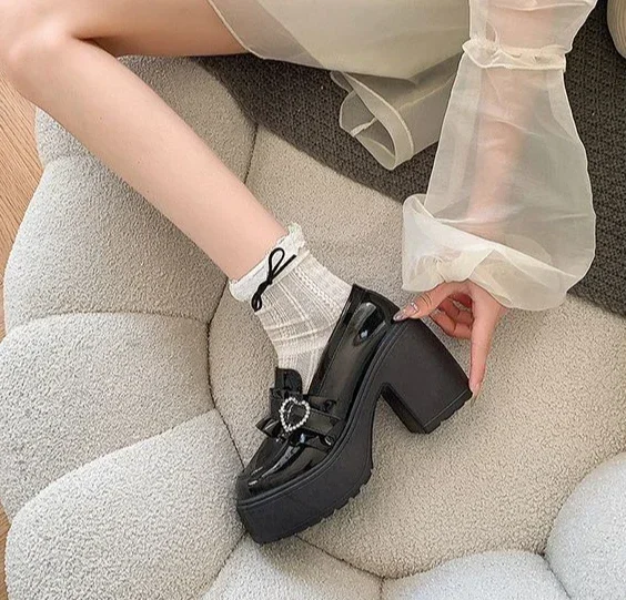 High Heels Chunky Round Toe Ladies Pumps Gothic Mary Jane Japanese Style Lolita Block Heel Loafers on Heeled Women's Shoes