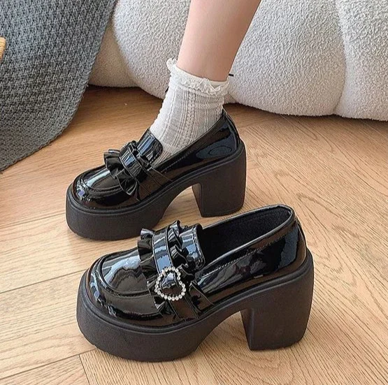 High Heels Chunky Round Toe Ladies Pumps Gothic Mary Jane Japanese Style Lolita Block Heel Loafers on Heeled Women's Shoes