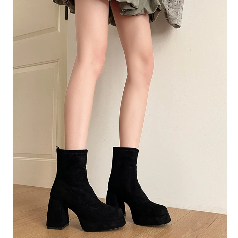 Autumn Winter Women Elastic Slimming Ankle Boots Fashion Female Platform Thick Heel Short Booties
