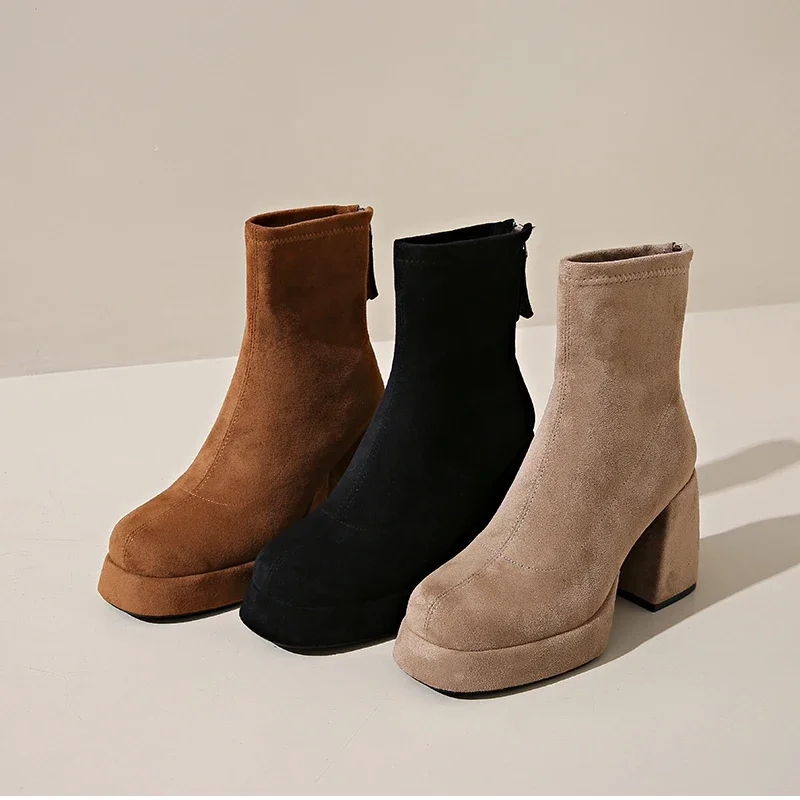 Autumn Winter Women Elastic Slimming Ankle Boots Fashion Female Platform Thick Heel Short Booties
