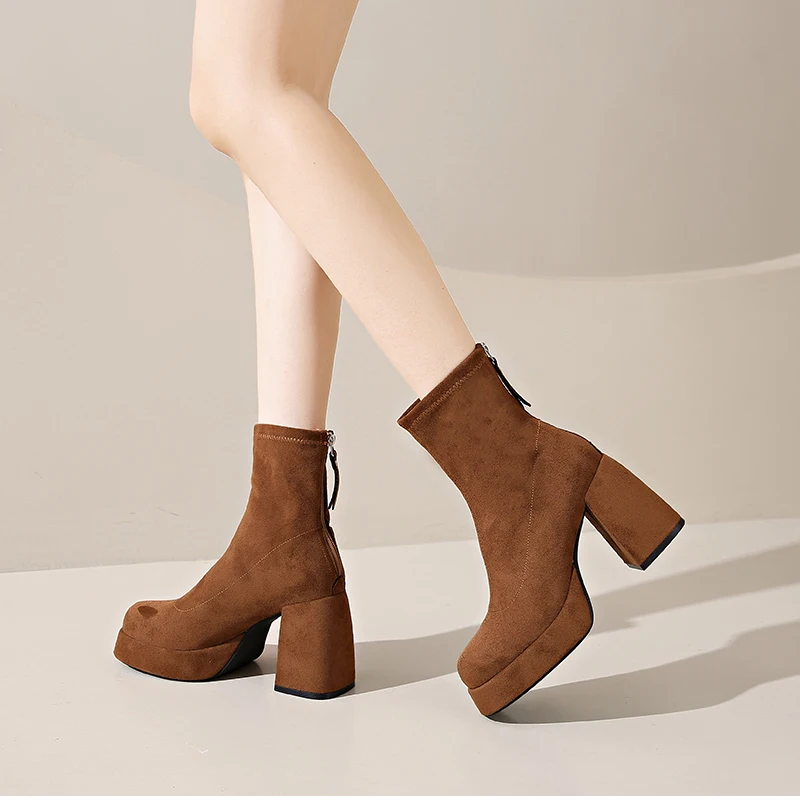 Autumn Winter Women Elastic Slimming Ankle Boots Fashion Female Platform Thick Heel Short Booties