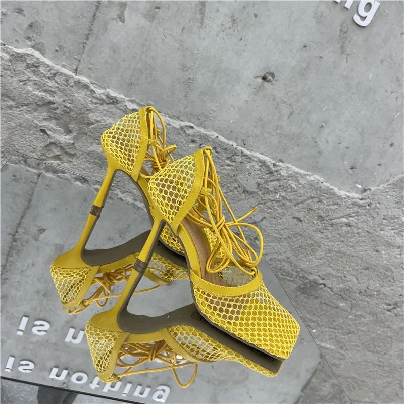 Sexy Mesh Pumps Sandals Female Square Toe High Heel Lace Up Cross-Tied Stiletto Hollow Dress Shoes