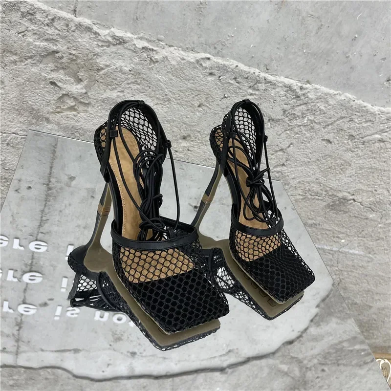 Sexy Mesh Pumps Sandals Female Square Toe High Heel Lace Up Cross-Tied Stiletto Hollow Dress Shoes Sexy Mesh Pumps Sandals Female Square Toe High Heel Lace Up Cross-Tied Stiletto Hollow Dress Shoes