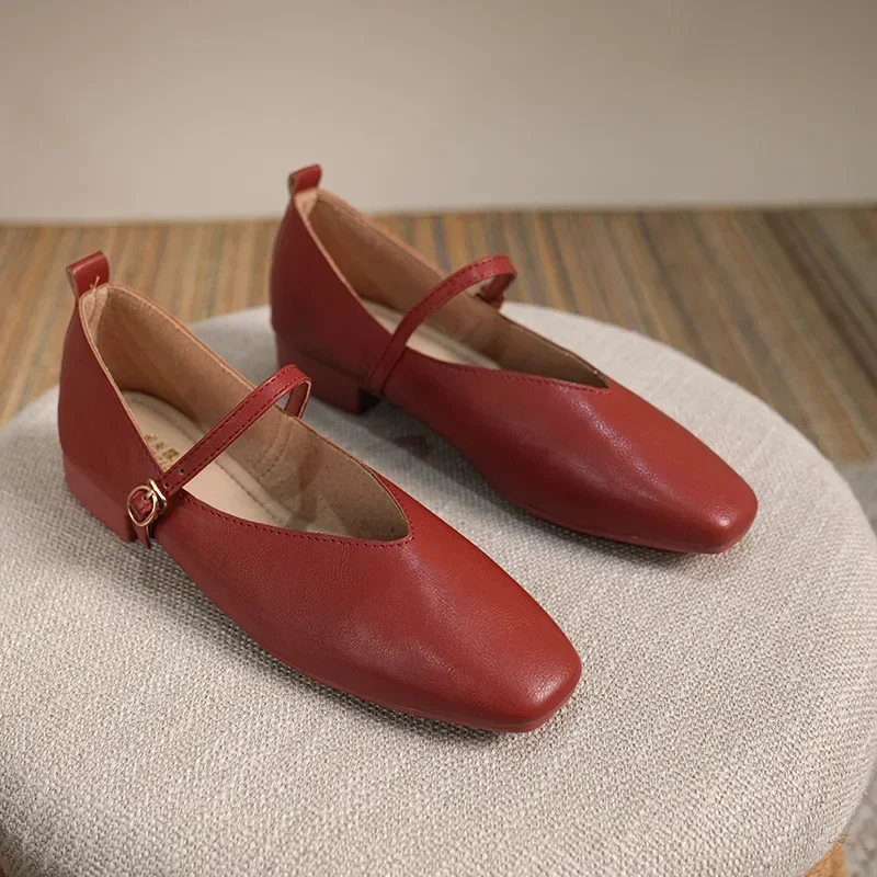 Woman Spring Casual Square Toe Low Soft Soled Lolita Flats Ballerina Red Female Elegant French Retro Buckle Mary Janes