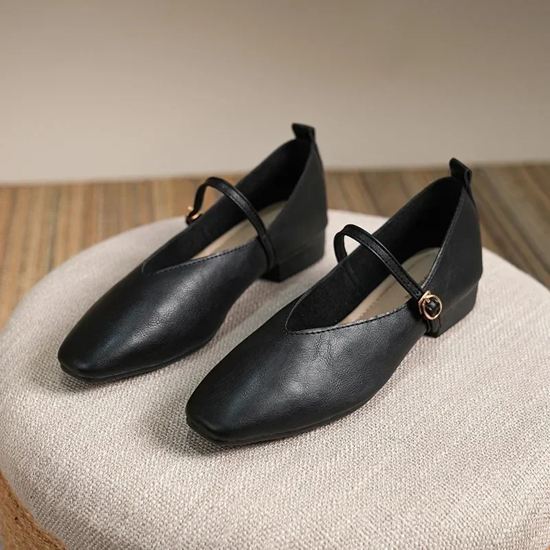 Woman Spring Casual Square Toe Low Soft Soled Lolita Flats Ballerina Red Female Elegant French Retro Buckle Mary Janes