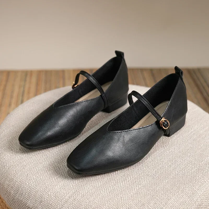 Woman Spring Casual Square Toe Low Soft Soled Lolita Flats Ballerina Red Female Elegant French Retro Buckle Mary Janes