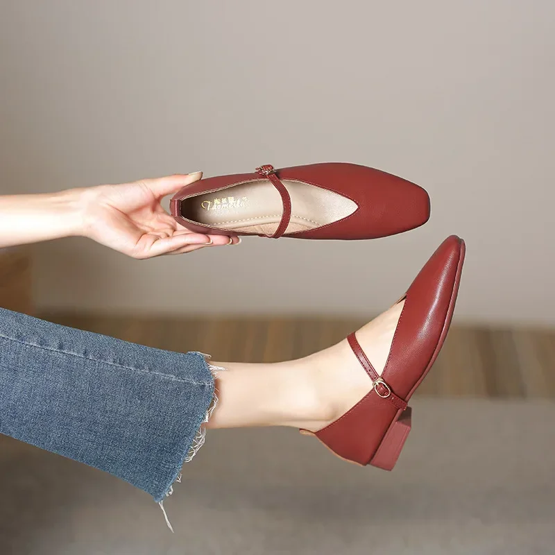 Woman Spring Casual Square Toe Low Soft Soled Lolita Flats Ballerina Red Female Elegant French Retro Buckle Mary Janes