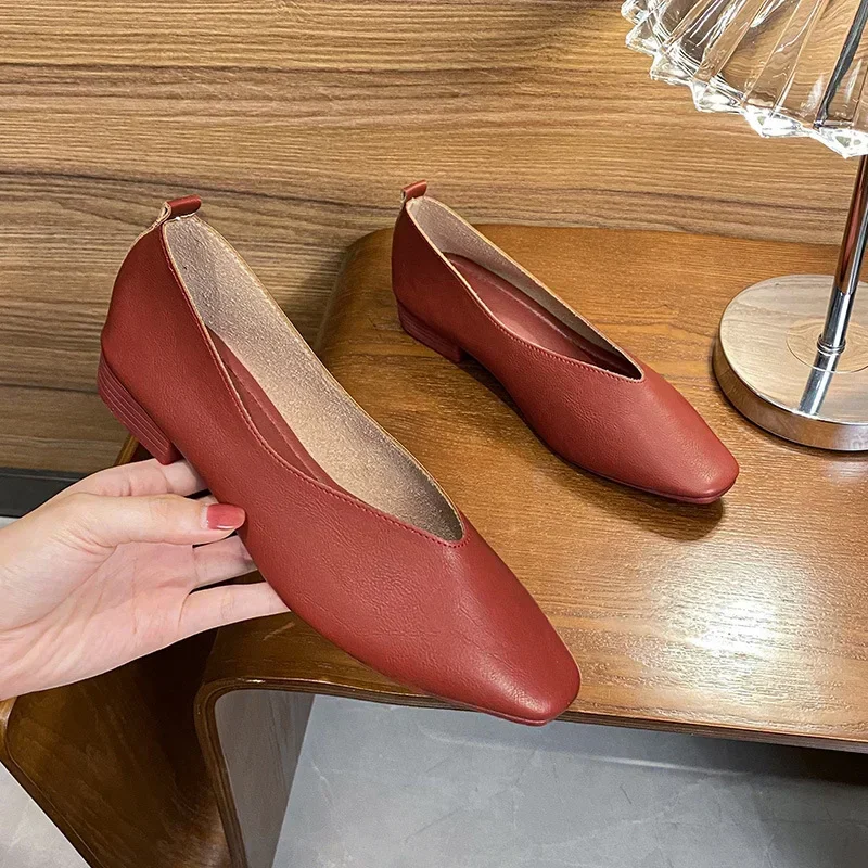 Woman Spring Casual Square Toe Low Soft Soled Lolita Flats Ballerina Red Female Elegant French Retro Buckle Mary Janes