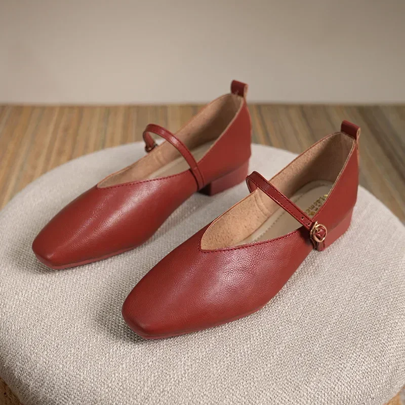 Woman Spring Casual Square Toe Low Soft Soled Lolita Flats Ballerina Red Female Elegant French Retro Buckle Mary Janes