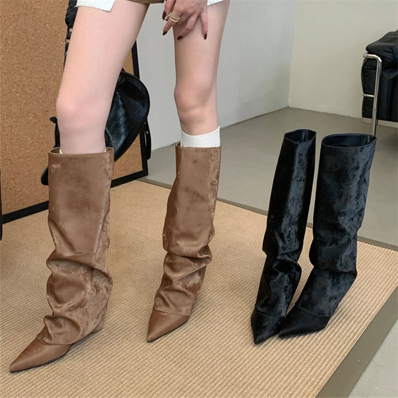 2025 New Autumn Winter Design Pleated Wedges Heels Women Knee High Boots Pointed Toe Long Booties Fashion Ladies Shoes