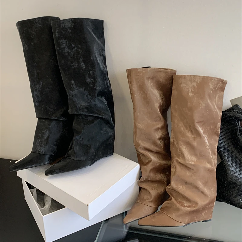 2025 New Autumn Winter Design Pleated Wedges Heels Women Knee High Boots Pointed Toe Long Booties Fashion Ladies Shoes