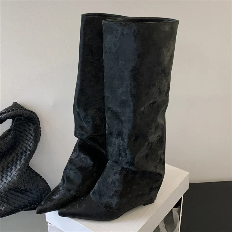 2025 New Autumn Winter Design Pleated Wedges Heels Women Knee High Boots Pointed Toe Long Booties Fashion Ladies Shoes