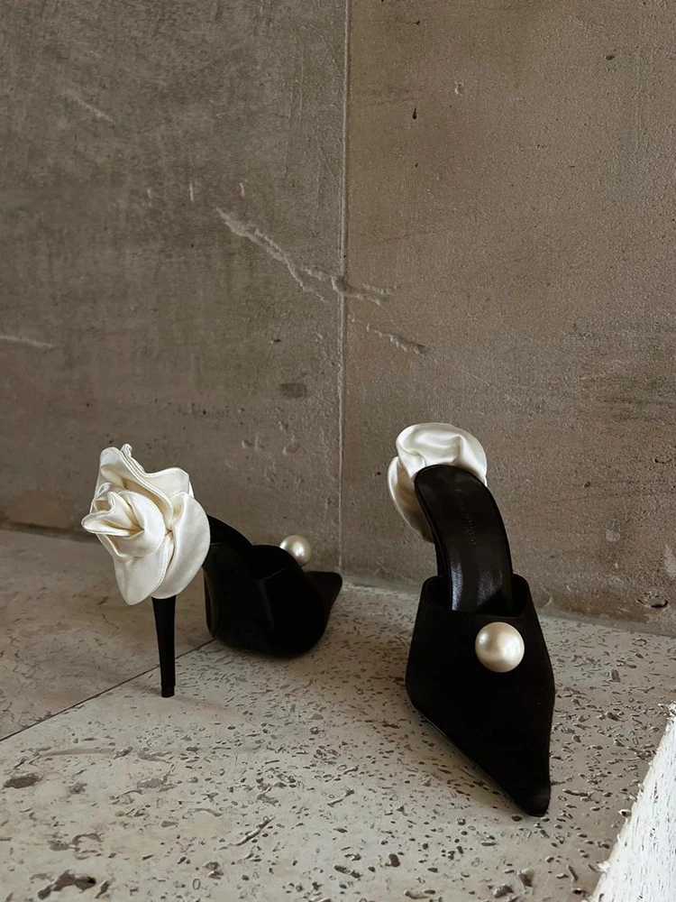 Black Satin High Heels Slippers New Spring and Summer Pearl High Heels Stiletto Heels Women's Stiletto Party White Rose Sandals Black Satin High Heels Slippers New Spring and Summer Pearl High Heels Stiletto Heels Women's Stiletto Party White Rose Sandals