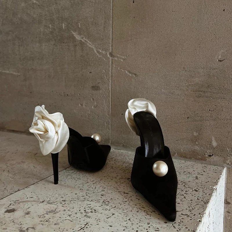 Black Satin High Heels Slippers New Spring and Summer Pearl High Heels Stiletto Heels Women's Stiletto Party White Rose Sandals Black Satin High Heels Slippers New Spring and Summer Pearl High Heels Stiletto Heels Women's Stiletto Party White Rose Sandals