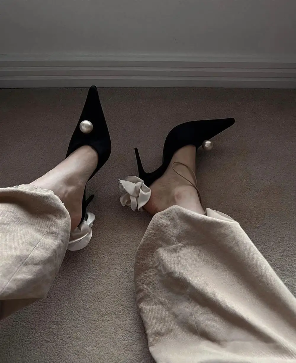 Black Satin High Heels Slippers New Spring and Summer Pearl High Heels Stiletto Heels Women's Stiletto Party White Rose Sandals Black Satin High Heels Slippers New Spring and Summer Pearl High Heels Stiletto Heels Women's Stiletto Party White Rose Sandals