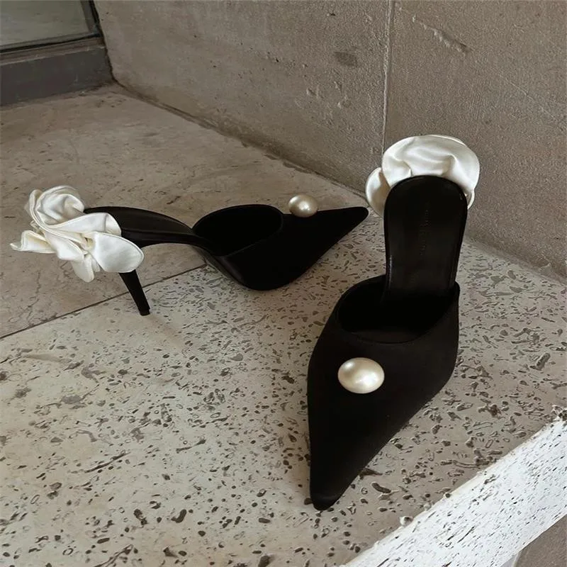 Black Satin High Heels Slippers New Spring and Summer Pearl High Heels Stiletto Heels Women's Stiletto Party White Rose Sandals Black Satin High Heels Slippers New Spring and Summer Pearl High Heels Stiletto Heels Women's Stiletto Party White Rose Sandals