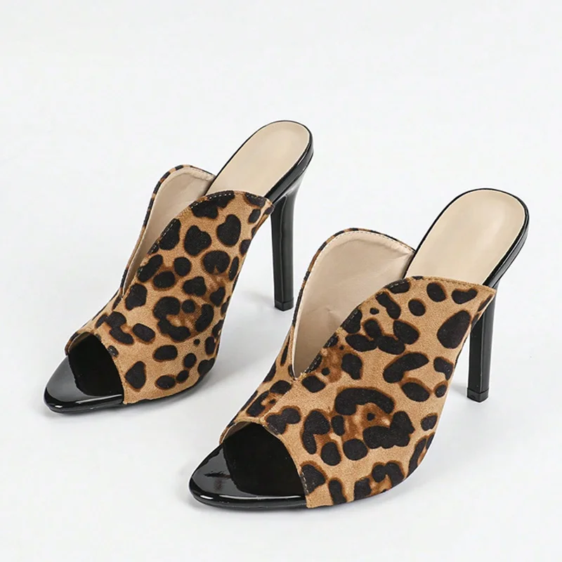 Sexy Leopard Print Women's High Heels Slippers Fashion Peep Toe Stiletto Shoes Mules Slides Summer Sandals Zapatos Mujer
