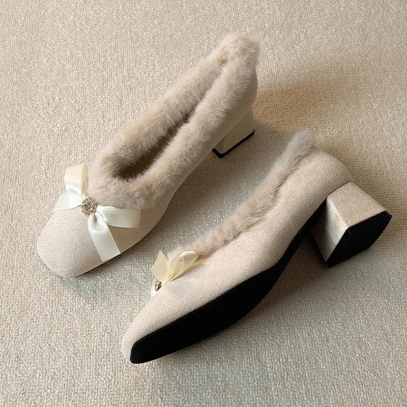 Fur Women High Heels Shoes Chunky Fashion Suede Pumps Designer Shallow Winter Boots Sexy Luxury Dress Zapatos Mujer Botas