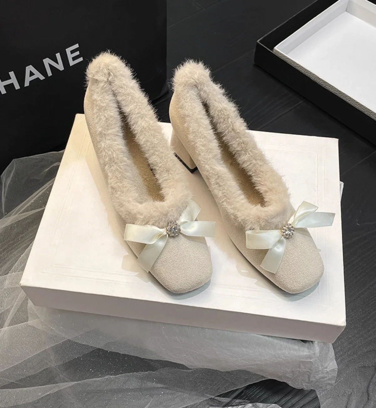 Fur Women High Heels Shoes Chunky Fashion Suede Pumps Designer Shallow Winter Boots Sexy Luxury Dress Zapatos Mujer Botas