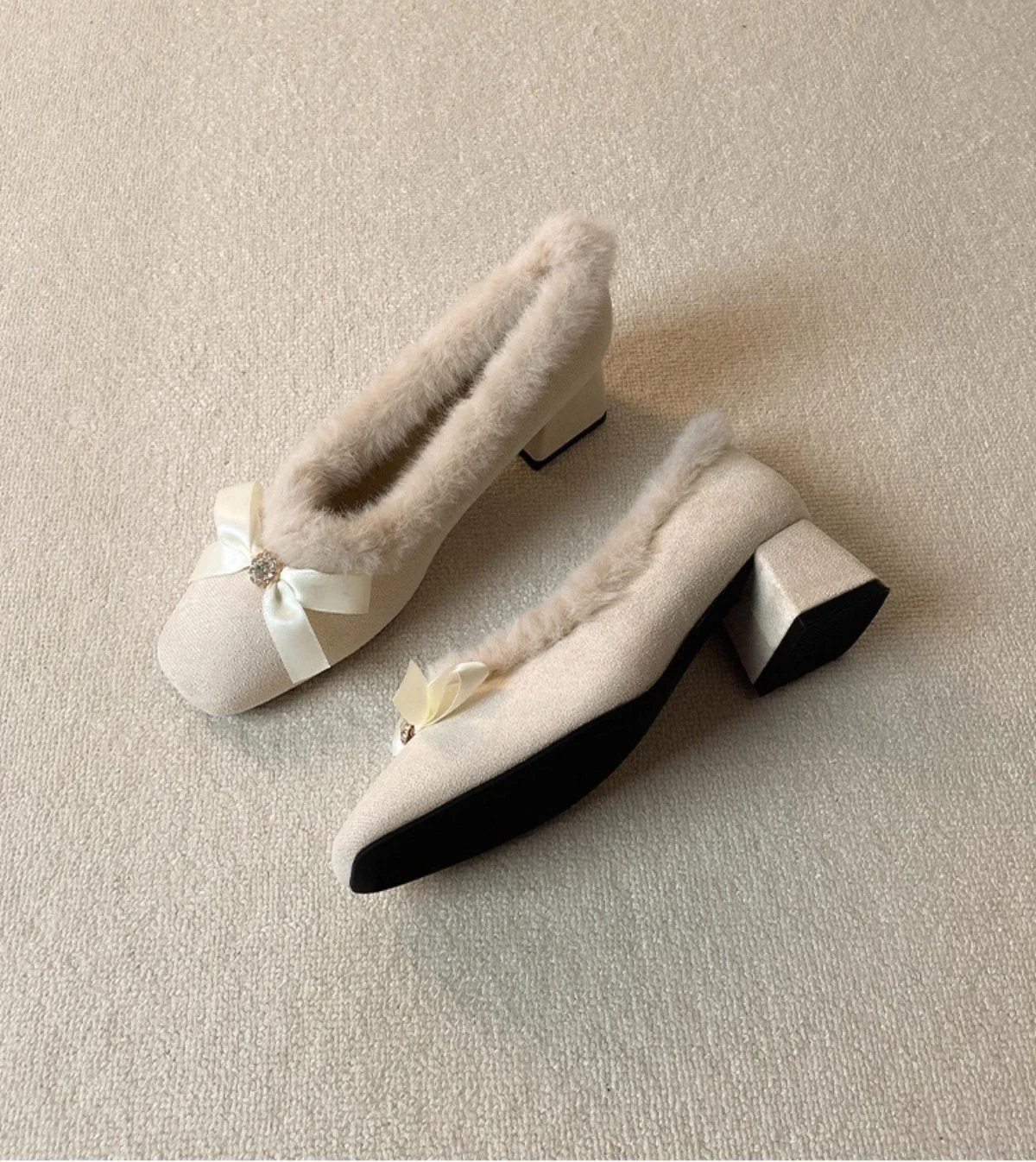 Fur Women High Heels Shoes Chunky Fashion Suede Pumps Designer Shallow Winter Boots Sexy Luxury Dress Zapatos Mujer Botas