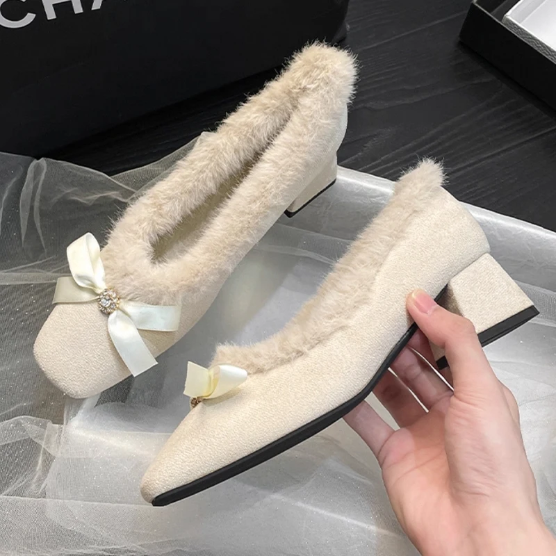 Fur Women High Heels Shoes Chunky Fashion Suede Pumps Designer Shallow Winter Boots Sexy Luxury Dress Zapatos Mujer Botas