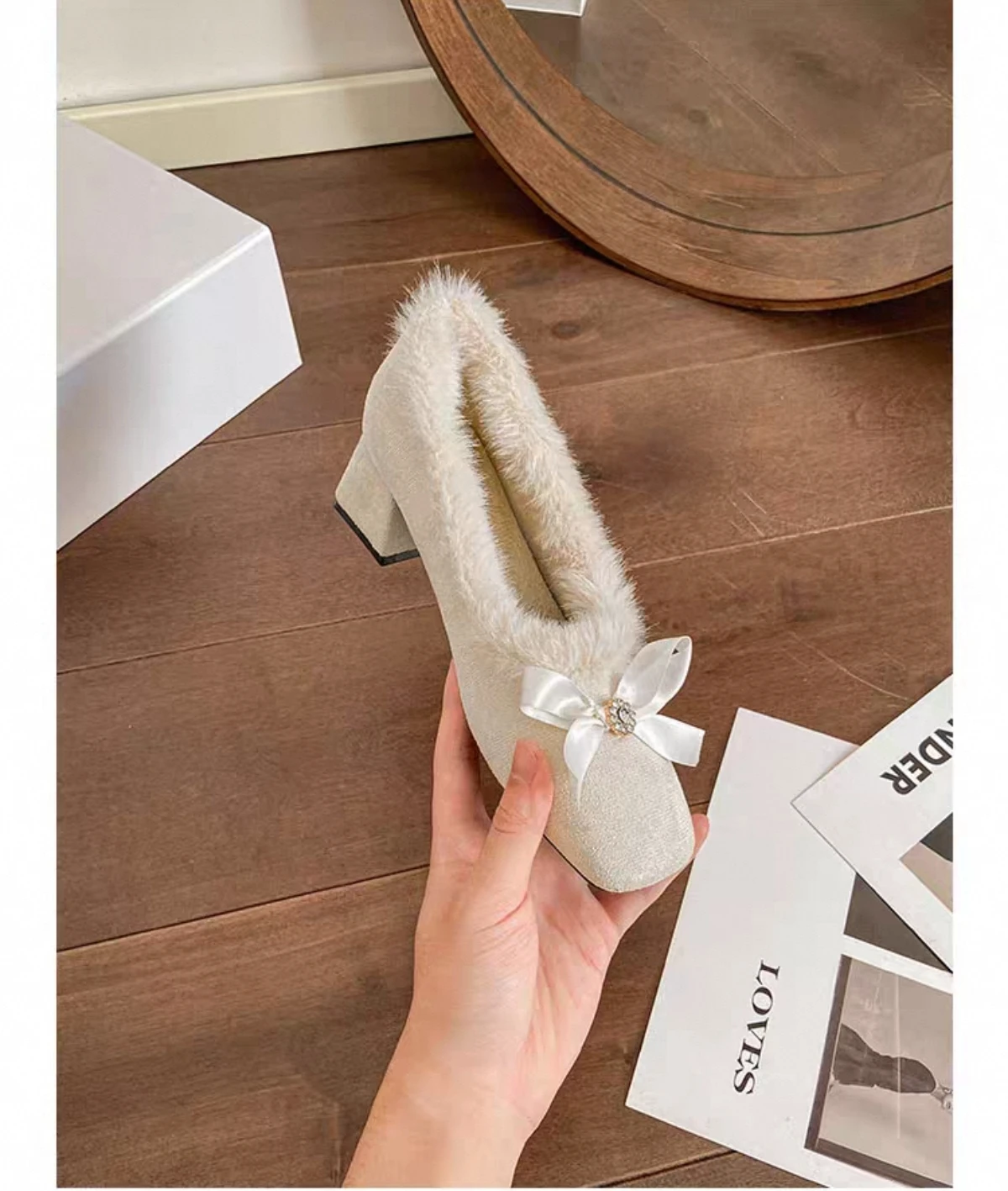 Fur Women High Heels Shoes Chunky Fashion Suede Pumps Designer Shallow Winter Boots Sexy Luxury Dress Zapatos Mujer Botas