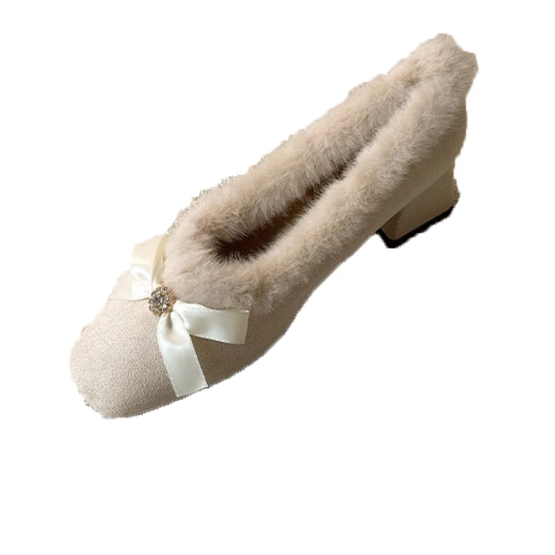 Fur Women High Heels Shoes Chunky Fashion Suede Pumps Designer Shallow Winter Boots Sexy Luxury Dress Zapatos Mujer Botas