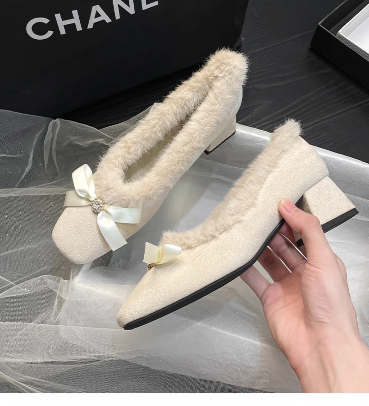 Fur Women High Heels Shoes Chunky Fashion Suede Pumps Designer Shallow Winter Boots Sexy Luxury Dress Zapatos Mujer Botas